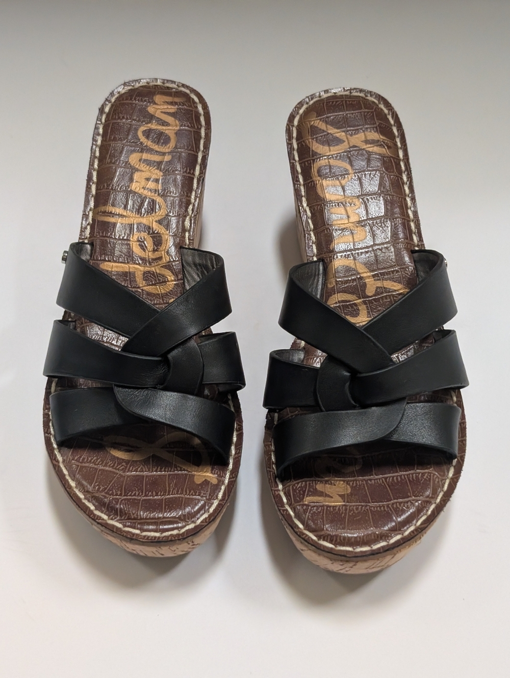 Sam Edelman Raynere Women's 8 Black Leather Cork Wedge Heels Sandals